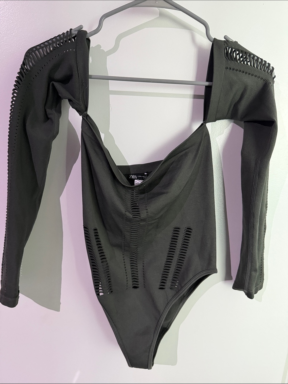 ZARA Dark Gray Long-Sleeve Cutout Detail Bodysuit